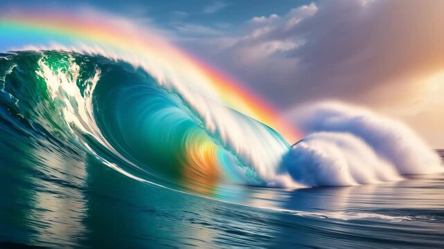 Ocean wave rainbow water sea surf sunlight sky turquoise barrel crest splash reflection horizon vibrant curl glowing with dramatic clouds and golden