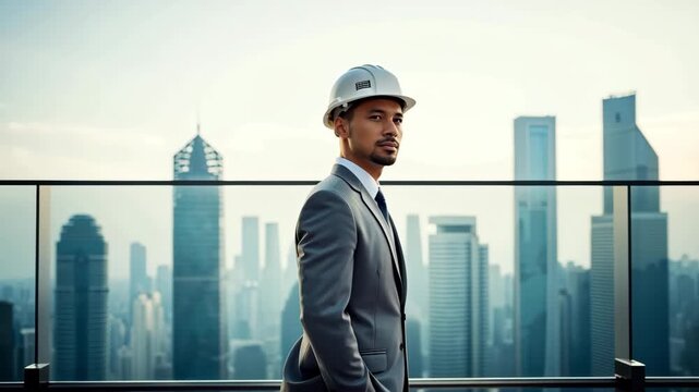 Young male engineer hard hat suit rooftop overlooking city skyline rear view confident ambitious posture sunrise adult