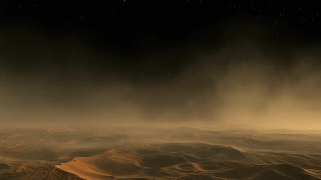 Abstract Dark Terrain with Enveloping Fog in a Mystical Desert Landscape, Ethereal Atmosphere from Aerial View