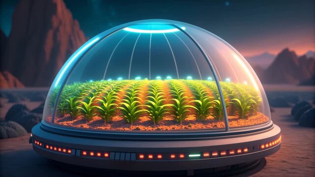 Greenhouse dome Mars with rows of hydroponic plants sealed extraterrestrial agriculture soft LED lights creating futuristic warm hopeful glow