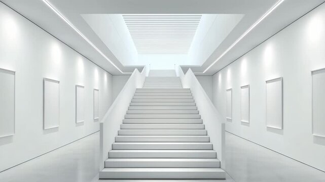 Minimal white gallery stairway skylight frame modern architecture minimal white gallery interior central staircase blank wall frames modern ceiling