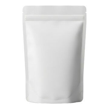 Blank white resealable stand up pouch for packaging on isolated transparent background