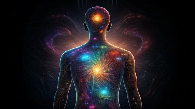 Cosmic human silhouette back with glowing galaxy nebula energy core spine aura and glowing chakras evoking spiritual connection and inner light