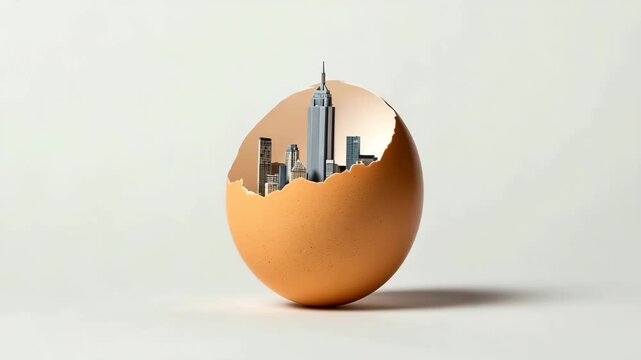 Brown eggshell cracked revealing miniature urban city skyline and skyscraper buildings inside cracked shell, architectural concept of city skyline