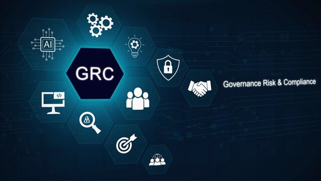 GRC, Governance Risk Compliance Concept. Businessman with GRC governance, risk, compliance icons, organizational management, and regulatory practices, 3D dark blue background. illustration