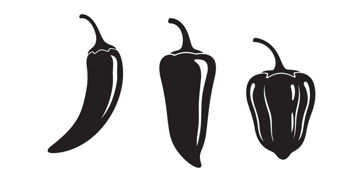 three black chili pepper silhouette icons isolated on white background