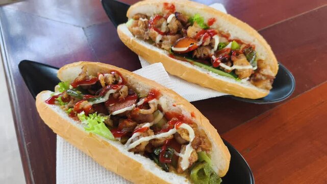 Delicious Quick Lunch features crusty baguettes filled with savory meat and fresh garden vegetables. Authentic local ingredients provide excellent Quick Lunch option for travelers visiting Vietnam.