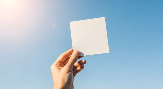Hand holding a blank square white paper mockup against a clear blue sky background