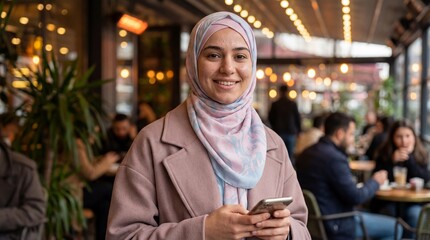 Fototapeta premium Woman holding smartphone smiling indoors