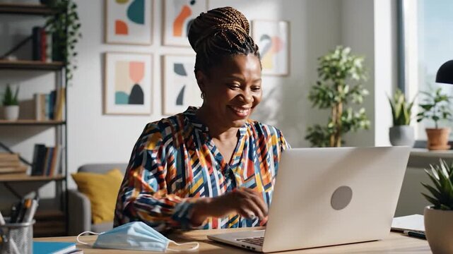 A woman smiles, removing her mask near a laptop in a well-lit room, possibly working from home
