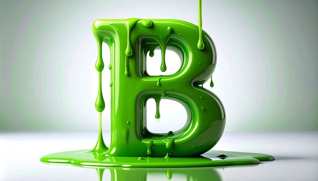 Vibrant green slime letter B dripping thick glossy liquid onto a reflective white surface 3D render illustration font element