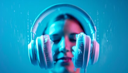 A person wearing headphones with a calm expression, illuminated by vibrant blue and pink neon lights, evoking a modern, immersive audio experience.