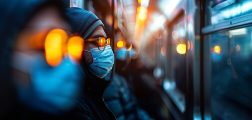 People wearing face masks and glasses ride a bus or train at night, illuminated by colorful city lights and reflections on windows.
