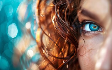 Close-up of a blue eye with detailed eyelashes and curly brown hair strands, bathed in warm light and a blurred blue background.