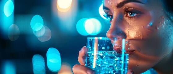A close-up of a woman holding a glass of water, with droplets on her face and a bokeh background of blue and orange lights.