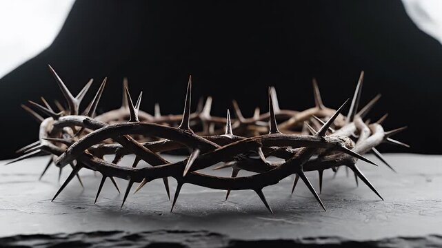 Close Up of a Dark Thorns Crown on a Textured Surface Against a Dark Background with Dramatic Lighting Symbolizing