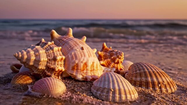 Assorted Seashells on Sandy Beach During Golden Hour Sunset with Gentle Ocean Waves in Background