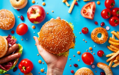 Hand holding a sesame seed burger surrounded by fresh tomatoes, apples, fries, bagels, and sausages on a blue background.