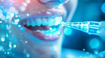 Close-up of a smiling mouth receiving a dental cleaning with a high-tech water jet tool under bright blue light.