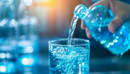 A close-up image of clear water being poured from a plastic bottle into a glass, with sunlight creating a bright and refreshing atmosphere.