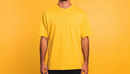 Man wearing a plain yellow t-shirt standing against a yellow background, showcasing casual fashion with a monochromatic theme.