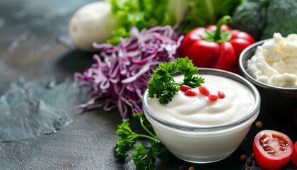 Fresh vegetables and creamy cottage cheese with herbs and pomegranate seeds, displayed on a rustic surface for a healthy, vibrant meal preparation.