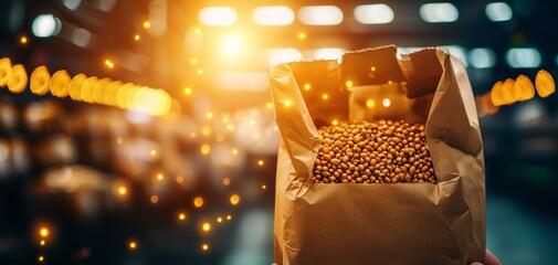 A paper bag filled with roasted coffee beans is held up in a warmly lit industrial or warehouse setting with bokeh lights in the background.