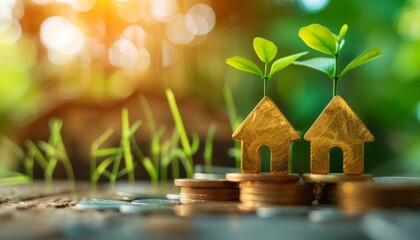 Two golden house models with green seedlings growing on stacked coins, symbolizing growth, investment, and sustainable real estate in a natural, sunlit setting.