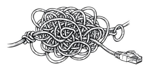 Complex network cable tangle with an RJ45 connector symbolizing digital challenges and connectivity issues for technologyrelated presentations and problemsolving concepts.
