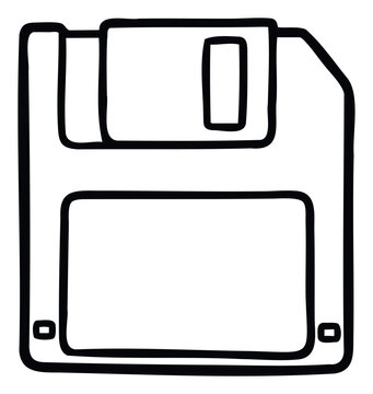 A hand drawn floppy disk icon representing vintage computer data storage and digital saving for technology education nostalgia and historical presentations.