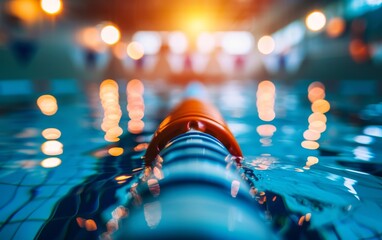 Close-up of a swimming pool lane divider with water reflecting colorful lights and a blurred background.