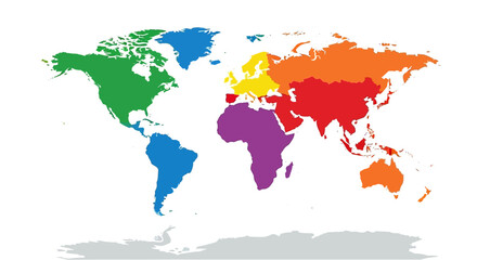 Colorful world map with continents in vibrant rainbow hues