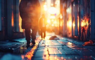 A person walks on a wet, reflective city street at night, with bright, blurred lights creating a warm, glowing atmosphere.