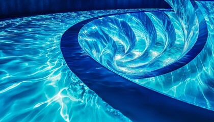 A close-up of a water slide with swirling blue water and light reflections creating a dynamic, vibrant aquatic scene.
