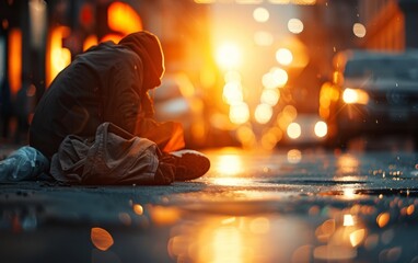 A person in a hooded jacket sits alone on a wet city street at night, illuminated by blurred warm streetlights and reflections.