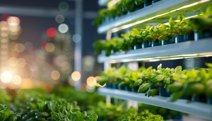 Indoor vertical garden with lush green plants growing on tiered shelves against a softly blurred cityscape backdrop with bokeh lights.