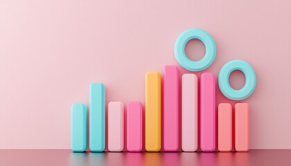 Colorful bar graph with pastel pink, blue, and yellow bars showing ascending and descending data, topped with percentage symbols on a pink background.