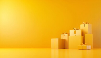 A collection of variously sized yellow gift boxes with ribbons arranged neatly against a vibrant yellow background.