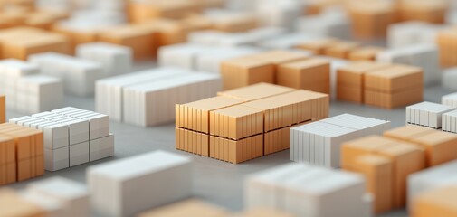 Abstract 3D rendering of stacked rectangular blocks in white and orange shades arranged on a flat surface, resembling a modern architectural or industrial model.