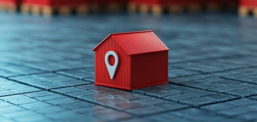 A small red house model with a location pin on its side sits on a digital grid, symbolizing real estate or property location technology.