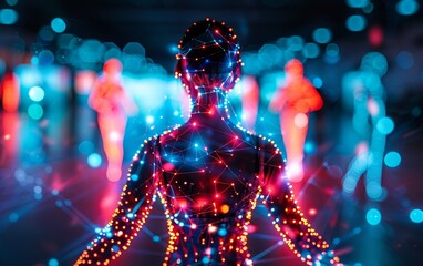A digital human figure made of glowing nodes and connections stands against a blurred background with other similar figures, representing technology and connectivity.