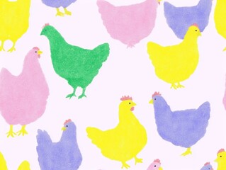 Whimsical pattern of colorful chickens in pastel shades on a light background