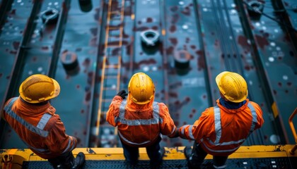 Three construction workers in orange safety gear and helmets stand on a platform overlooking a large industrial structure with bolts and metal surfaces.