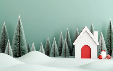 A minimalist winter scene with snow-covered hills, a small white house with a red door, and frosted pine trees against a soft teal background.