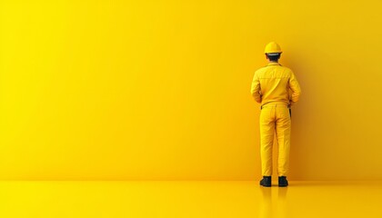 A person dressed in yellow safety gear and helmet stands facing a bright yellow wall and floor, blending into the monochromatic environment.