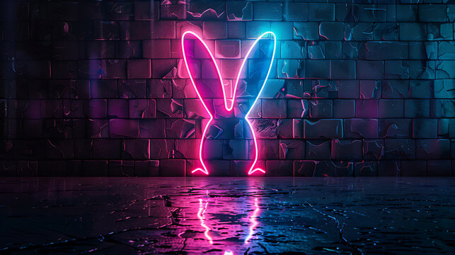 Glowing neon bunny ears sign, pink and blue light on dark brick wall background, cyberpunk style Easter concept, modern night club and bar decoration

