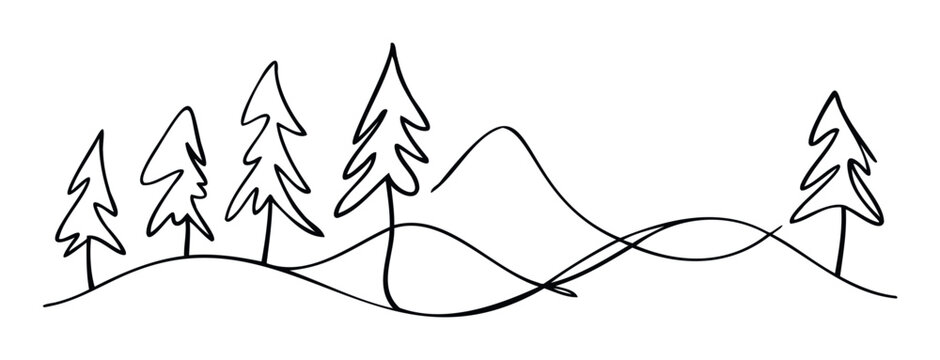 A continuous line drawing depicting a minimalistic forest landscape with stylized evergreen trees and rolling mountains, perfect for nature themed graphic projects, apparel, or modern decor.
