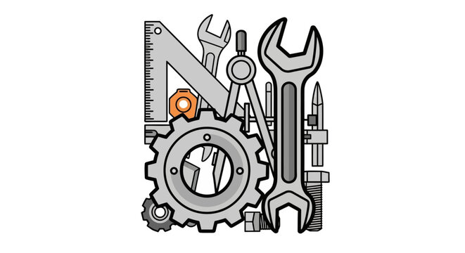 Vector illustration of mechanical tools and gears in grayscale design