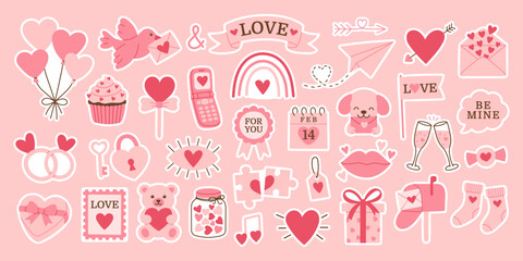 Obraz premium Cute Valentines Day set stickers with hearts, envelopes, gifts, cupcakes and romantic symbols