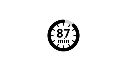 87 minute circle clock timer illustration. Stopwatch timer on white background.